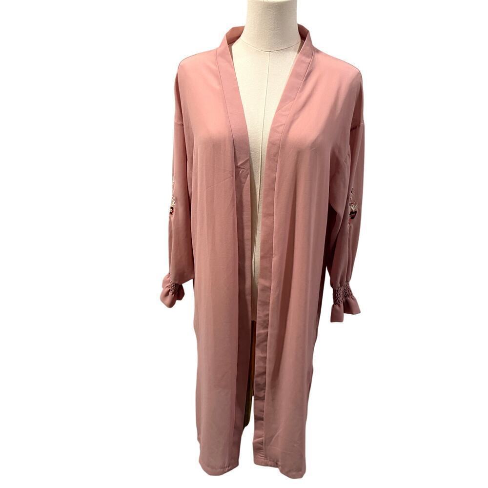 Blush Pink Floral Embroidered Kimono Long Cardigan Large 3/4 Sleeve Boho Chic